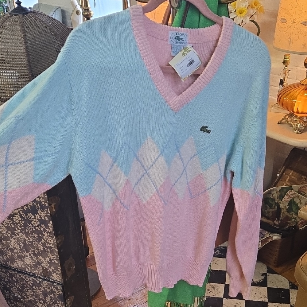 LACOSTE Pastel Blue & Pink Argyle V-Neck Sweater Cotton Candy